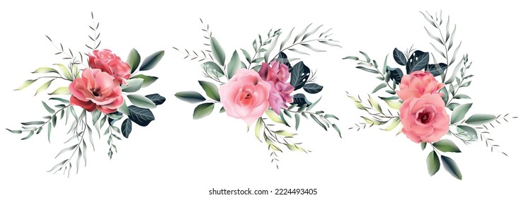 Vector vintage floral composition set with garden rose. Romantic design for natural cosmetics, perfume, women products. Can be used for greeting card, wedding invitation. 