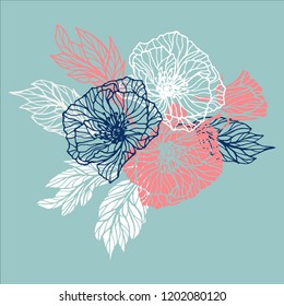 Vector vintage floral composition.  White, blue, pink flowers. Mothers Day, wedding, birthday, Easter, Valentines Day decoration. Hand painted line art illustration.