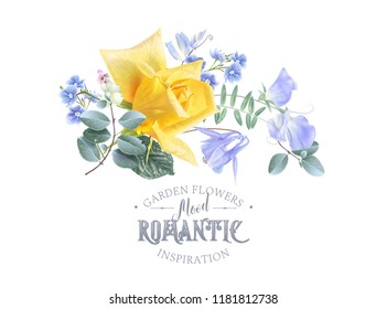 Vector vintage floral composition with yellow rose and blue flowers on white. Romantic design for natural cosmetics, perfume, women products. Can be used as greeting card or wedding invitation