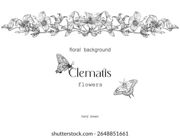 Borde de decoración floral vintage de Vector, blanco negro. Clematis flores, hojas, mariposas, Elementos grabados. Dibujado a mano ilustración. Fondo para la tarjeta de felicitación del diseño, decoración de la boda, invitación, regalo