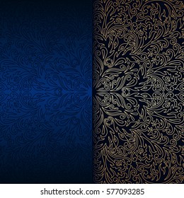 Vector vintage floral decorative background for design invitation card, booklet, print. Gold and blue.