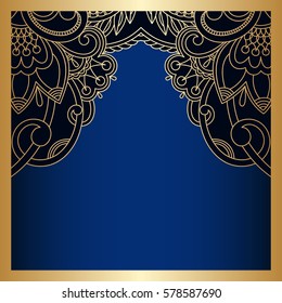 Vector vintage floral decorative background for design invitation card, booklet, print. Gold and blue.