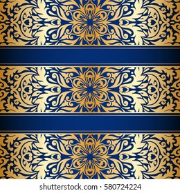 Vector vintage floral decorative background for design invitation card, booklet, print. Gold and blue.