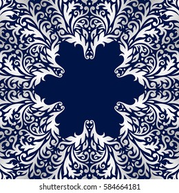Vector vintage floral decorative background. Silver on blue.