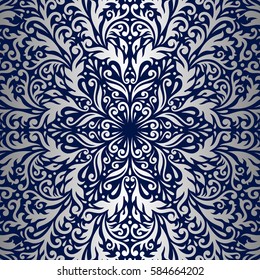 Vector vintage floral decorative background. Silver on blue.