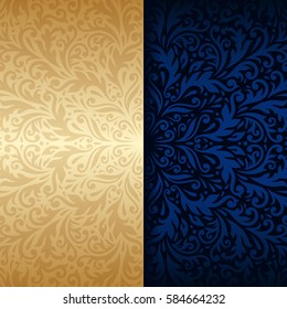 Vector vintage floral decorative background for design invitation card, booklet, print. Gold and blue.