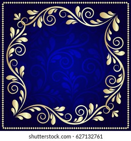 Vector vintage floral decorative background for design invitation card, booklet, print. Gold and blue.