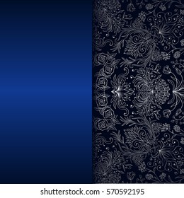 Vector vintage floral decorative ornament for design invitation card, booklet, print, embroidery. Silver and blue