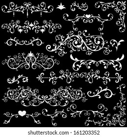 vector vintage floral  design elements on black background, 