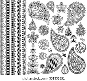 Vector vintage floral doodle elements. Flowers, paislies and five seamless borders.