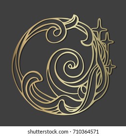 Vector vintage floral element. Golden swirl  round ornate frame wits three shining stars. Eps-8