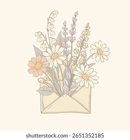 Vetor vintage floral envepole rústico cartão de saudação, cottagecore cores neutras lavanda e rosas flores
