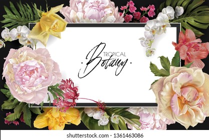 Vector vintage floral frame with garden roses, peonies and tropical leaves on black. Romantic design for natural cosmetics, perfume, women products. Can be used as greeting card or wedding invitation