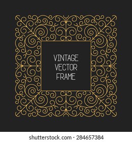 Vector vintage floral frame on black background in mono thin line style