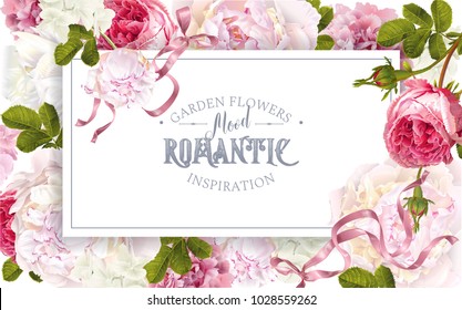 Vector vintage floral frame with peony, hydrangea, rose flowers and ribbon. Romantic design for natural cosmetics, perfume, women products. Can be used as greeting card. Best for wedding invitation