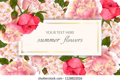 Vector vintage floral frame with summer flowers. Template for greeting cards, wedding decorations, sales.