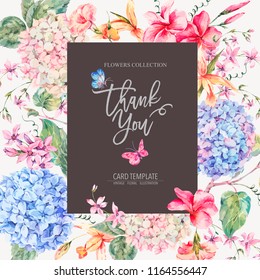 Vector vintage floral greeting card with hydrangeas, orchids, wildflowers and butterflies. Natural invitation, frame, Thank you template illustration