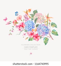 Vector vintage floral greeting card with hydrangeas, orchids, wildflowers and butterflies. Natural invitation, colorful template illustration