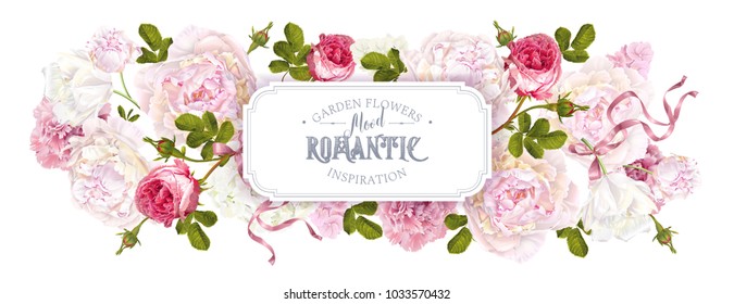 Banner horizontal floral vectorial con peonía, hidrangea, flor de rosa y cinta. Diseño romántico para cosméticos naturales, productos para mujeres. Mejor tarjeta de felicitación, invitación a boda, banner web