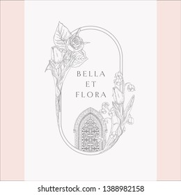 Logotipo Vector Vintage Floral con Puerta Vintage y Flores. Puertas góticas. Ilustración detallada de vectores decorada con rosas, tulipanos. Promoción de marca