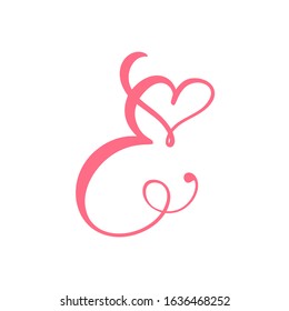 Vector Vintage floral monogram letter E. Wedding element heart logo Valentine card flourish frame. Hand drawn Love sign for page decoration and design illustration