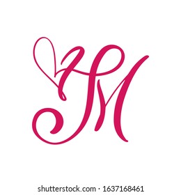 Vector Vintage floral monogram letter M. Calligraphy element heart logo Valentine card flourish frame. Hand drawn Love sign for page decoration and design illustration.