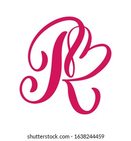 Vector Vintage floral monogram letter R. Calligraphy element heart logo Valentine card flourish frame. Hand drawn Love sign for page decoration and design illustration.