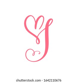 Vector Vintage floral monogram letter I. Calligraphy element heart logo Valentine card flourish frame. Hand drawn Love sign for page decoration and design illustration.