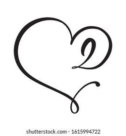 Vector Vintage floral monogram number two 2. Calligraphy element logo Valentine flourish frame. Hand drawn heart sign for page decoration and design illustration. Love wedding card or invitation.