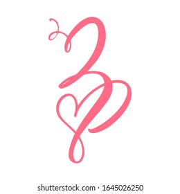 Vector Vintage floral monogram Number three 3. Calligraphy element heart logo Valentine card flourish frame. Hand drawn Love sign for page decoration and design illustration.