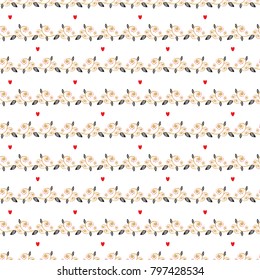 Vector vintage Floral pattern with hearts. Hand drawn doodle flowers, leaves and hearts Seamless pattern. Valentines background. Happy Valentine's Day