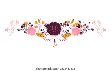 Vector vintage floral pattern. Pink flowers with abstract leaves decoration element for wedding, marriage invitation cards, summer design. Isolated illustration