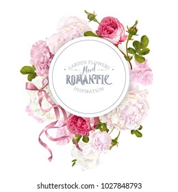 Vector vintage floral round banner with peony, hydrangea, rose flowers and ribbon. Romantic design for natural cosmetics, perfume, women products. Can be used as greeting card, wedding invitation