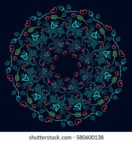 Vector vintage floral round ornamental element for design.