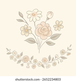 Vetor vintage floral rústico cartão de saudação, cottagecore cores neutras lavanda e rosas flores