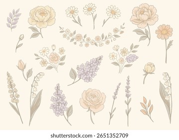Vetor vintage conjunto rústico floral, cottagecore cores neutras lavanda e rosas flores