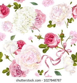 Vektor Vintage Blütenmuster nahtlos Muster mit Peony, Hydrangea, Rosenblume und Band. Romantisches Design für Naturkosmetik, Parfüm, Frauenerzeugnisse. Kann als Grußhintergrund oder Hochzeitshintergrund verwendet werden