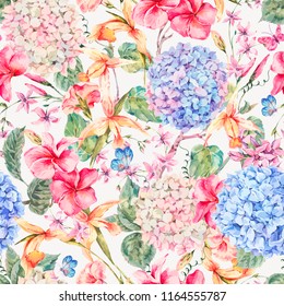 Vector vintage floral seamless pattern with hydrangeas, orchids, wildflowers and butterflies. Natural invitation, frame, colorful illustration