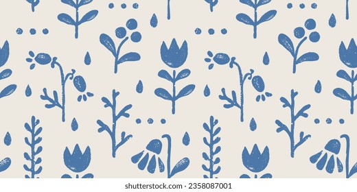 Vector vintage floral seamless pattern in scandinavian style. Retro seamless pattern with grunge flowers and berries. Blue and white.