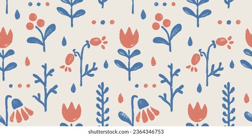 Vector vintage floral seamless pattern in scandinavian style. Retro seamless pattern with grunge flowers and berries. Blue and white.