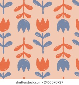 Vector vintage floral seamless pattern in scandinavian folk style. Retro seamless pattern with grunge tulip flowers 