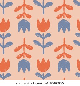 Vector vintage floral seamless pattern in scandinavian folk style. Retro seamless pattern with grunge tulip flowers 