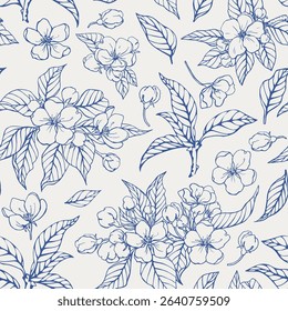 Vector Vintage floral seamless pattern flowers apples, cherry. Hand drawn Line art elements. Blue beige. Background for design packaging, textile, wrapping paper, wallpaper, Fashion apparel, wedding