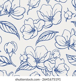 Vector Vintage floral seamless pattern flowers of apples. Hand drawn Linear elements. Blue beige. Background for design packaging, textile, wrapping paper, wallpaper, Fashion apparel, wedding decor