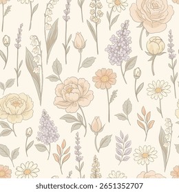 Vector vintage floral seamless pattern, cottagecore neutral colors textures