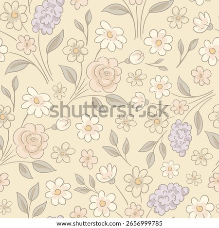 Vector vintage floral seamless pattern, cottagecore neutral colors textures