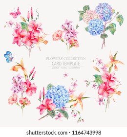 Vector vintage floral set of hydrangeas, orchids, wildflowers and butterflies. Natural invitation, colorful collection