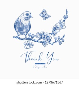 Vector vintage floral spring greeting card, blue blooming branches of cherry and butterflies, beautiful bird 