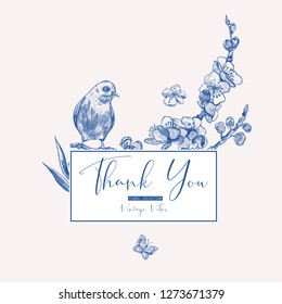 Vector vintage floral spring greeting card, blue blooming branches of cherry and butterflies, beautiful bird 