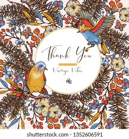 Vector vintage floral spring greeting card with birds, fir branches, cotton, flowers and butterflies, natural forest illustration, design invitation, round frame